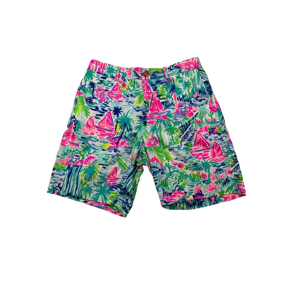 Lilly Pulitzer Mens Beaumont Short 34 Multi Color Tropical Sailboat Print 29580